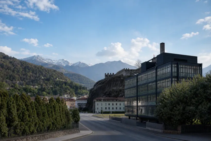 Peptone's Bellinzona site, with Castelgrande and the Ticino Alps behind it.
