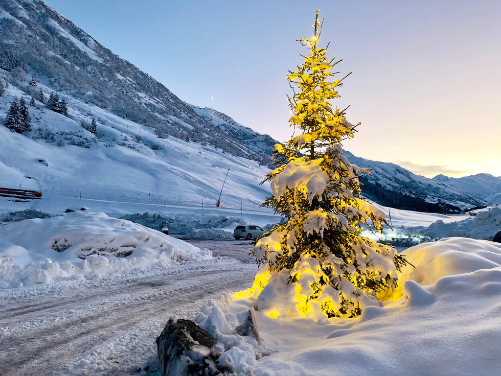 A lit fir tree beside a snow-covered road in an Alpine valley at dusk