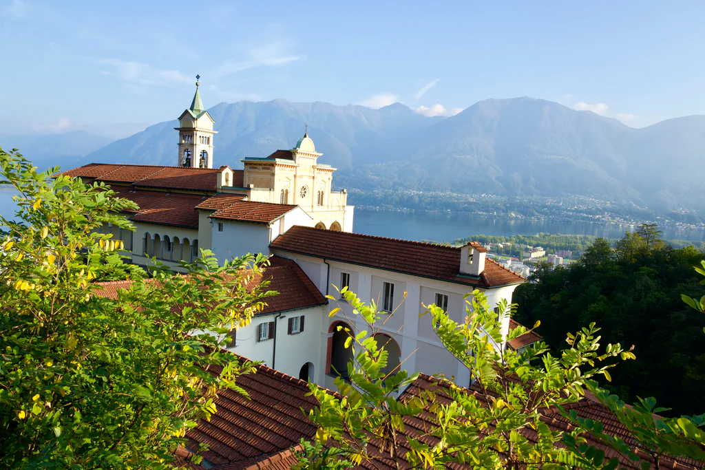 Madonna del Sasso above Lake Maggiore and the mountains of Ticino