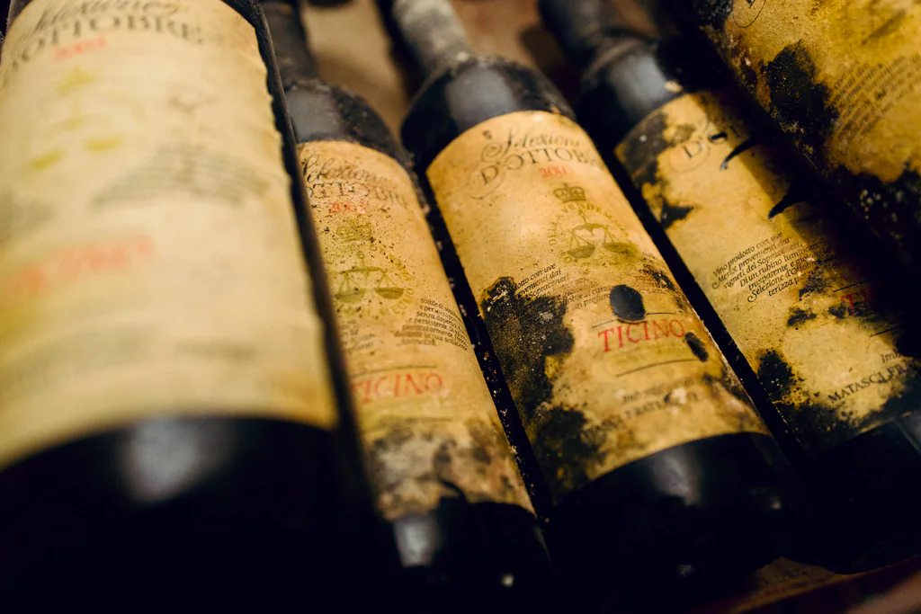 Dusty vintage wine bottles with aged Ticino labels in the Matasci cellar