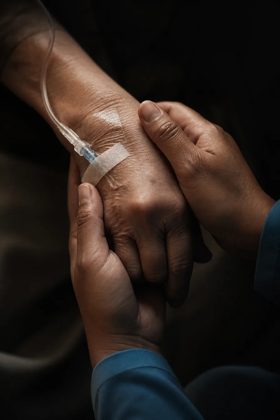 A clinician holding the hand of a cancer patient receiving chemotherapy through an IV