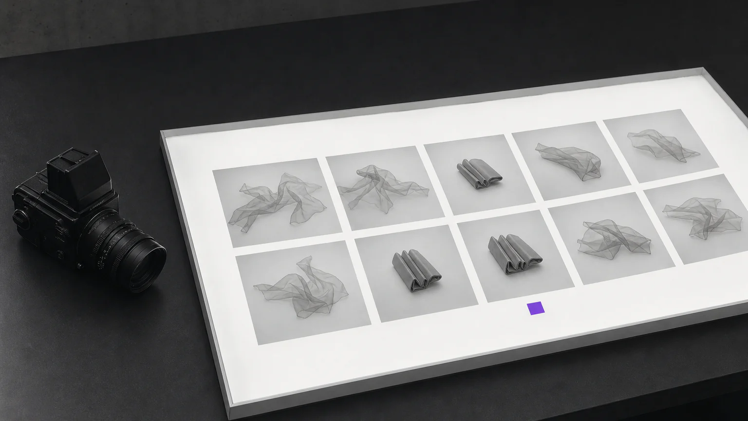 A precision camera beside a light table holding successive motion frames, with one frame marked in violet. Illustrative AI-generated editorial image.