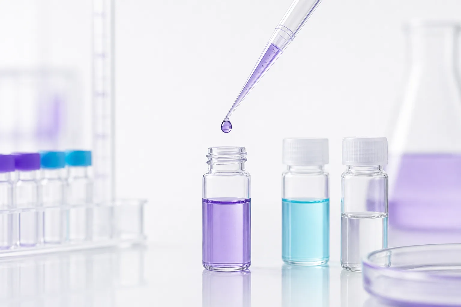 A high-key laboratory macro of sample vials and a pipette tip catching the light, rendered in soft violet and cyan on a pale background. Illustrative generated image.