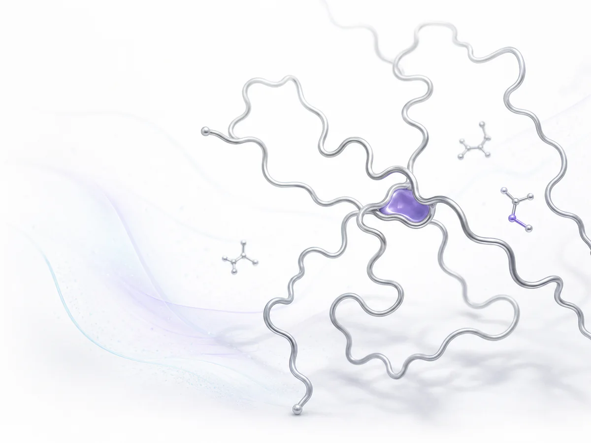 Open silver and graphite intrinsically disordered protein conformations arc across a pale field around one violet transient pocket and sparse schematic molecular fragments.