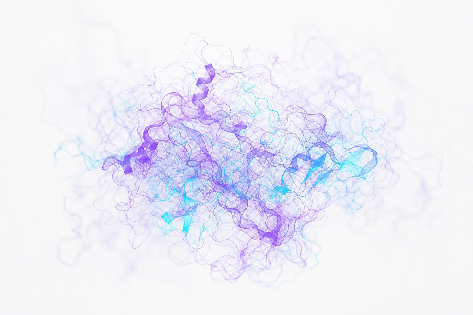 Translucent protein strands drifting through many overlapping shapes at once, a disordered protein in motion rendered as a soft violet and cyan ensemble cloud on a pale background. Illustrative generated image.